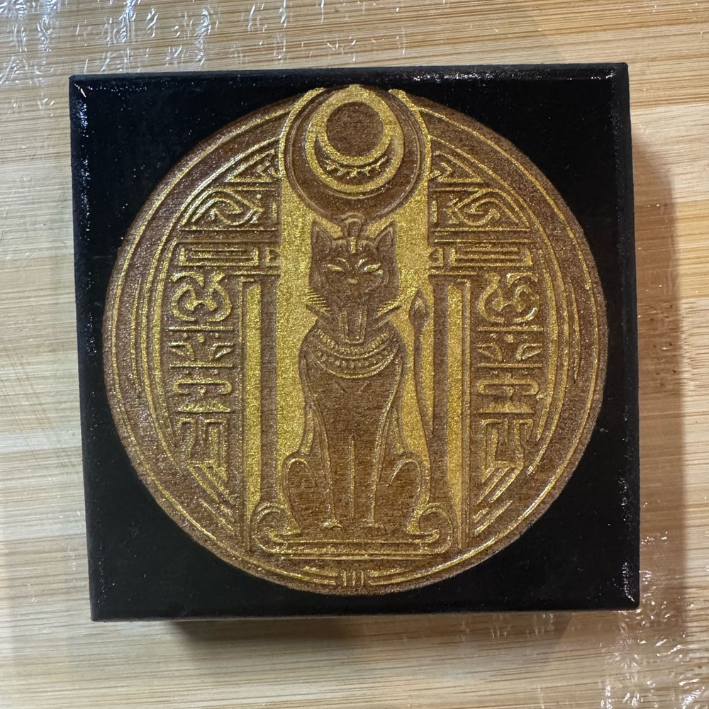 Gold Cat Medallion on Black Square Plaque